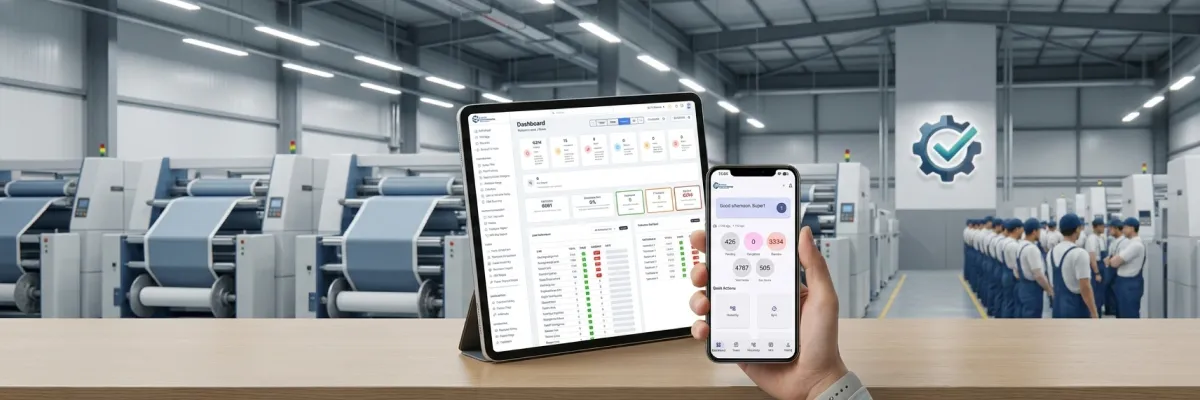 Technician using a tablet in a factory environment