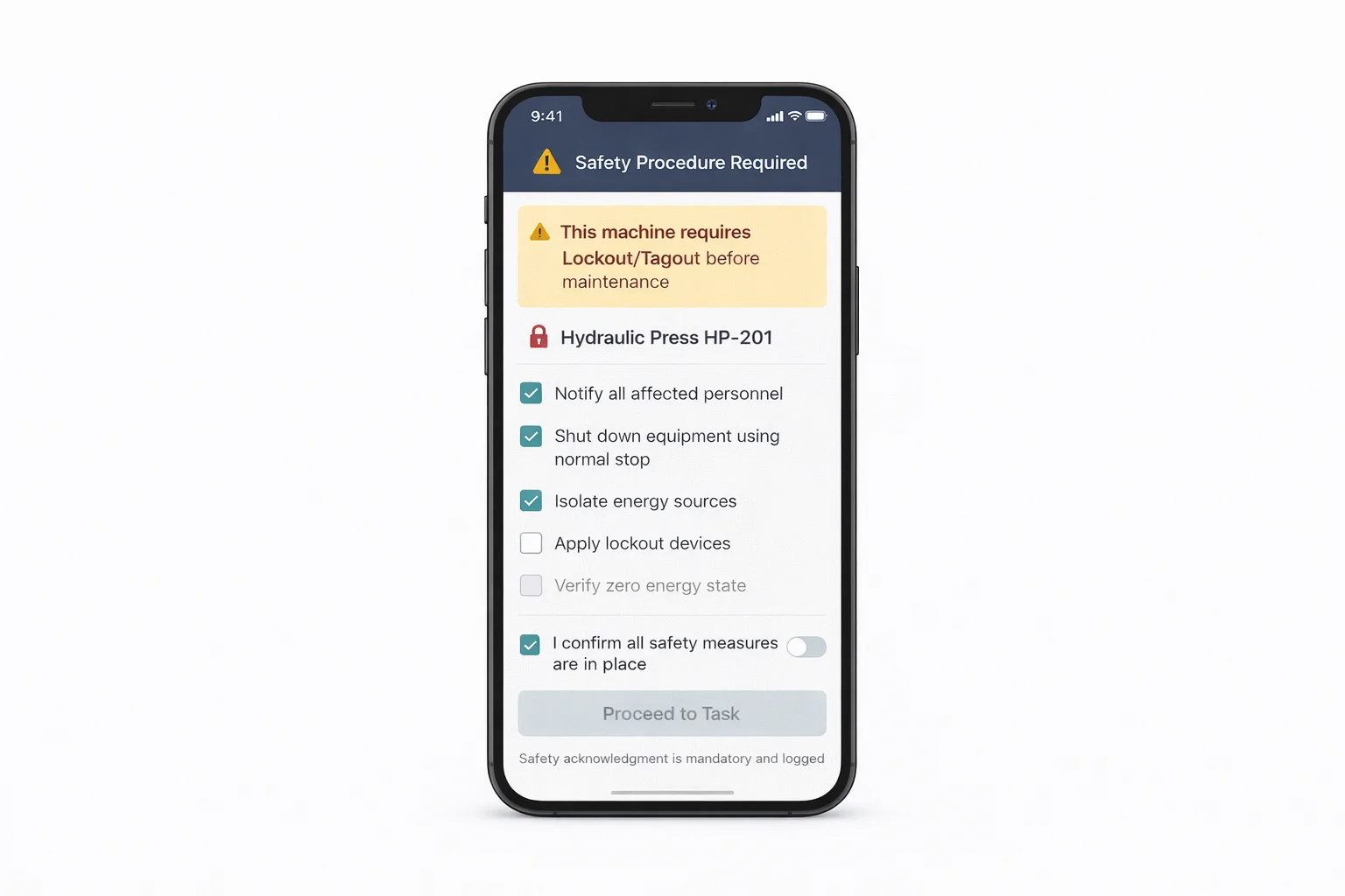 LOTO safety enforcement on mobile app