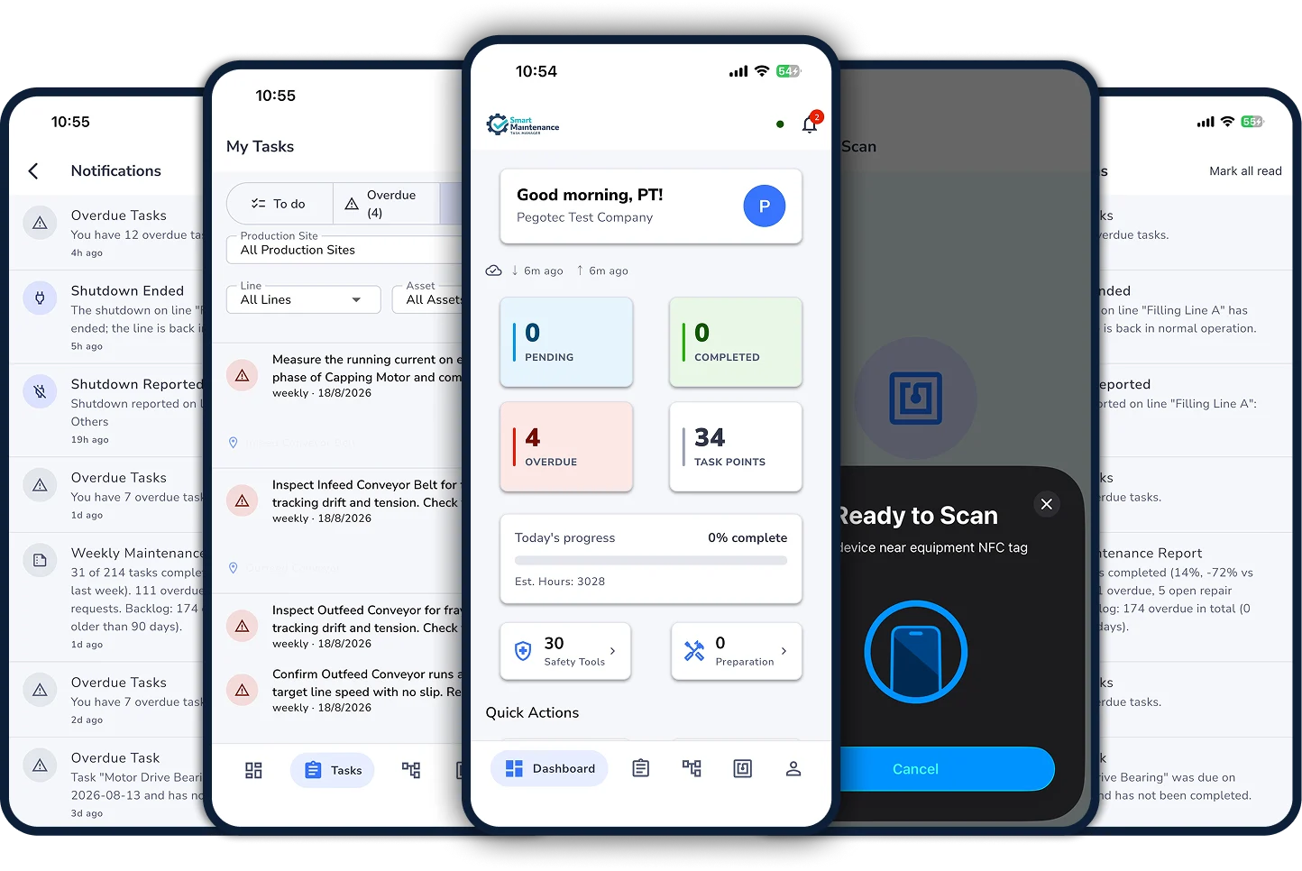 Smart Maintenance Task Manager mobile app on five phones: dashboard, task list, NFC scan and notifications