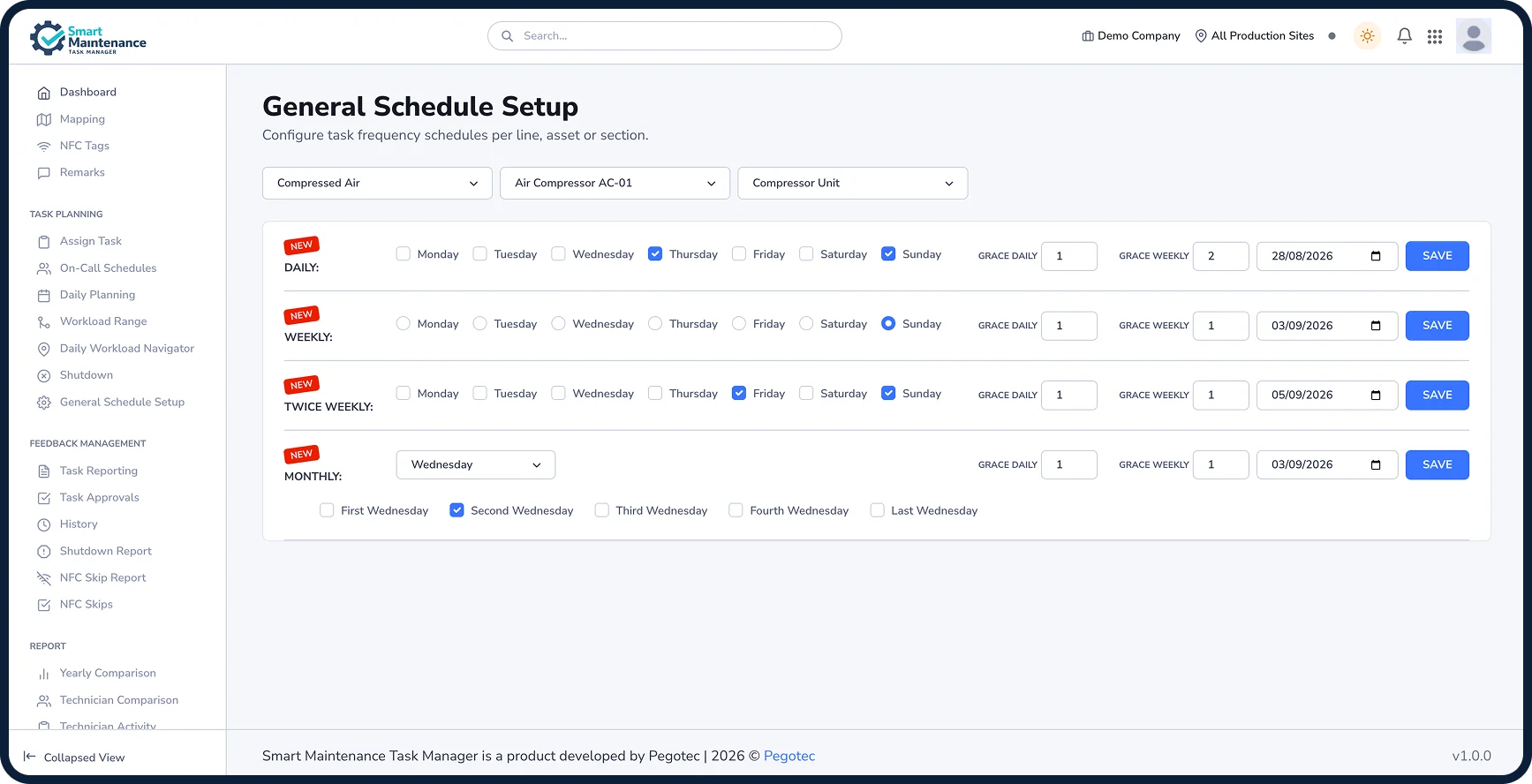 General Schedule Setup in the web portal with daily, weekly and monthly task frequency rows per asset