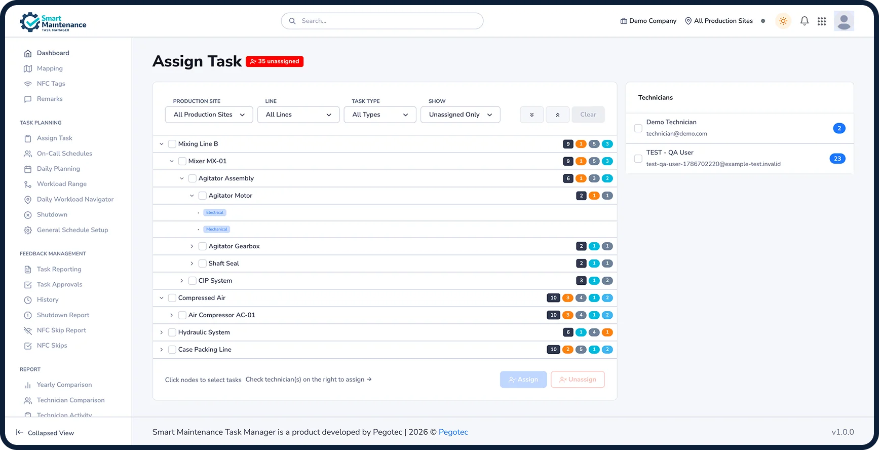 Assigning maintenance tasks in the web portal: asset hierarchy tree beside a technician selection list