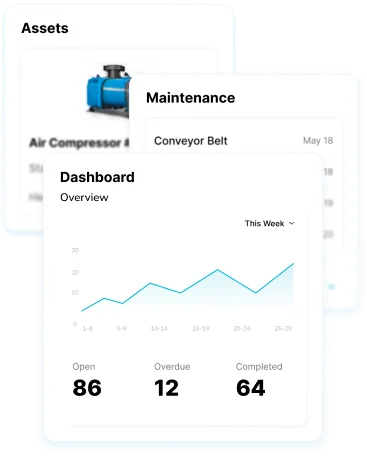 Smart Maintenance Task Manager dashboard cards with asset list and open, overdue and completed task counts
