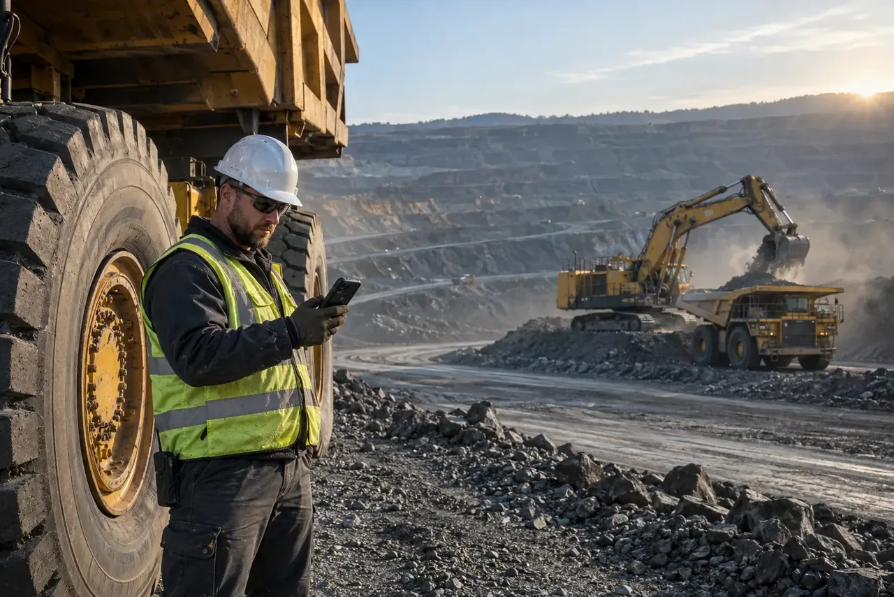 Mining technician checking a phone beside a haul truck while an excavator loads another truck in an open-pit mine