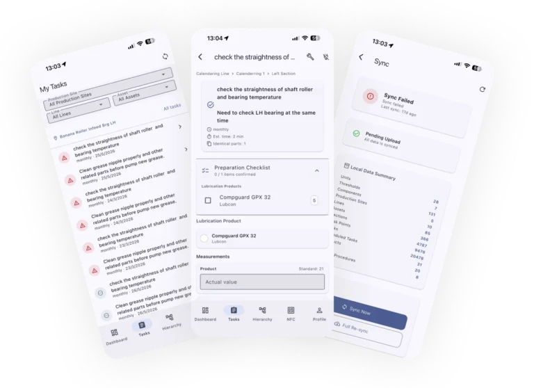 Smart Maintenance Task Manager mobile app — three panel view showing task list, task execution, and history