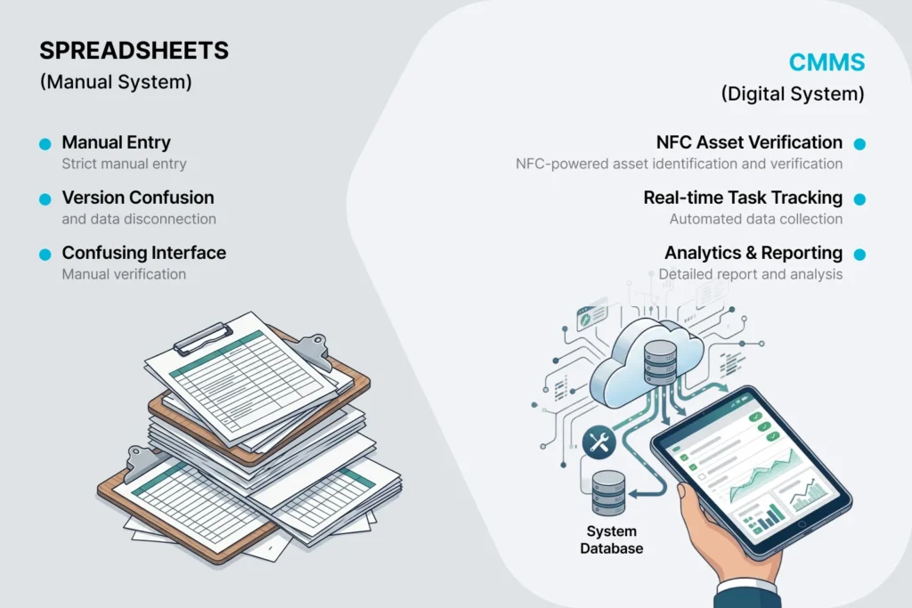 Stacks of paper spreadsheets contrasted with a tablet showing maintenance checklists and analytics