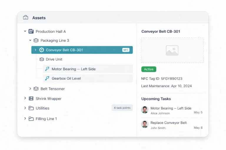 Asset hierarchy tree with conveyor belt details, NFC tag ID and upcoming maintenance tasks