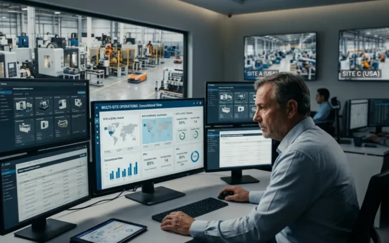 Manager reviewing consolidated multi-site maintenance dashboards on control room monitors