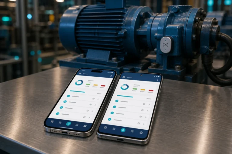 Smart Maintenance Task Manager on iPhone and Android beside an industrial pump with an NFC tag
