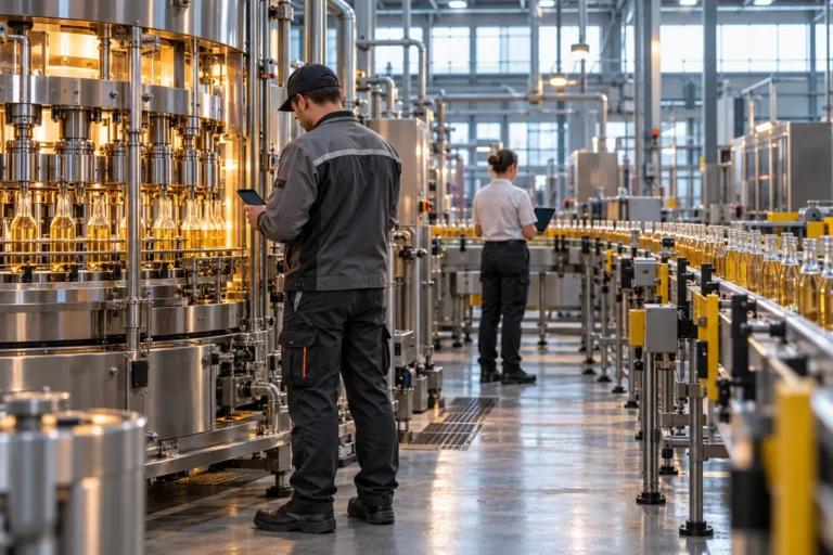 Maintenance technician holding a phone beside a stainless filling machine of glass bottles, with a colleague further down the line holding a tablet