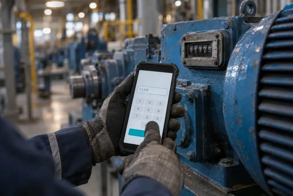 Gloved technician typing the hour-meter reading from a gearbox counter into a phone on the factory floor