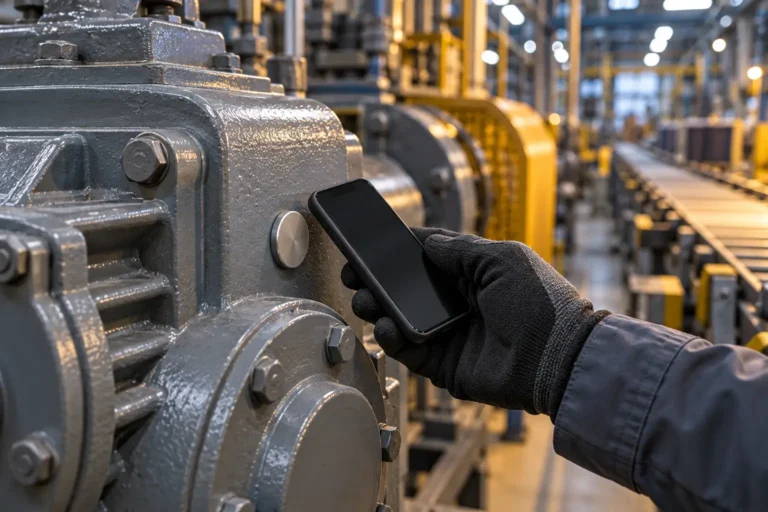 Gloved technician holding a smartphone against a round metal NFC tag on the grey housing of an industrial gearbox, with a roller conveyor line behind